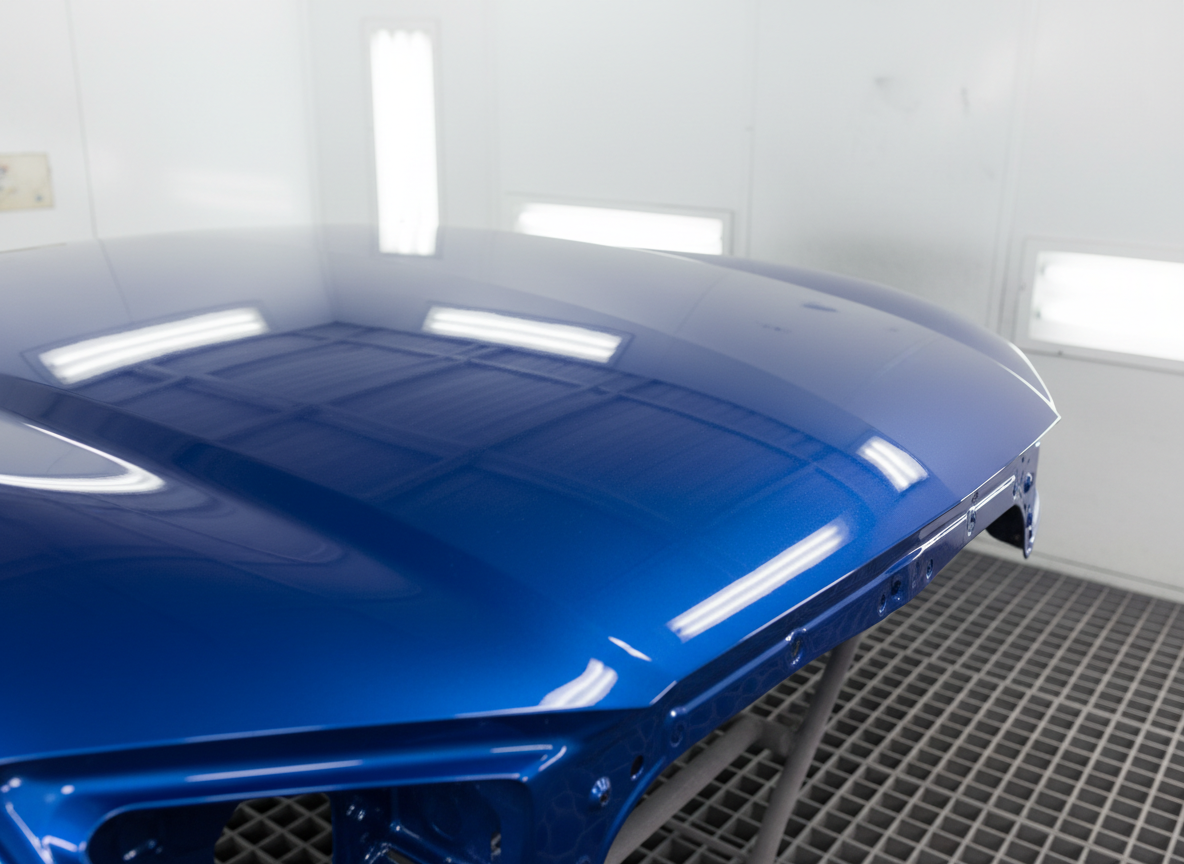 A close-up of a deep blue car hood freshly painted to a flawless gloss, with the metallic flakes in the paint subtly shimmering under the light. The hood rests in a professional spray booth with smooth white walls and a grated metal floor beneath. Bright, diffused overhead lighting creates an even glow across the surface, highlighting the glass-smooth finish and clean panel lines. The composition is tight and focused on the hood, with a shallow depth of field gently softening the booth interior. The atmosphere is precise and technical, emphasizing meticulous craftsmanship and premium automotive paintwork in a clean, controlled, photographic setting.
