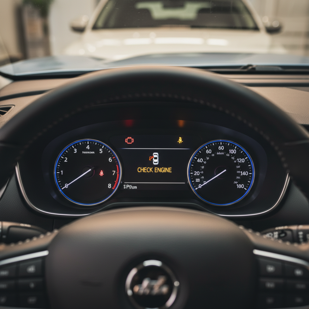 A crisp, high-resolution dashboard close-up showing a modern car instrument cluster illuminated with clear warning indicators for engine and maintenance, set against a dark, textured dashboard surface. The steering wheel with subtle stitching frames part of the scene, while out-of-focus hints of the windshield and hood appear ahead. Soft, ambient interior lighting from the instrument panel casts a gentle glow on nearby surfaces, enhancing the legibility of icons and gauges. Captured in photographic realism with a shallow depth of field and centered composition, the mood is calm and informative, symbolizing diagnostic expertise and proactive auto repair services without any human presence.